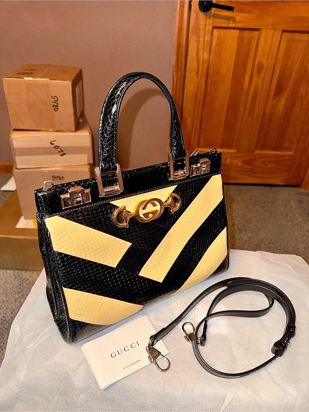 RARE Gucci Zumi Medium Top Handle Bag Python Black & Yellow